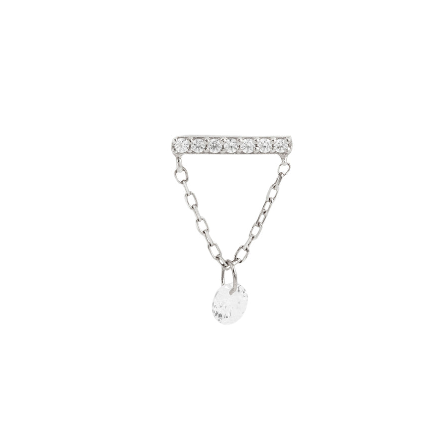 Stock image of Buddha Jewelry’s “Dolce” dangle in 14k white gold, showing its sparkling bar, delicate chain, and light-catching drop.