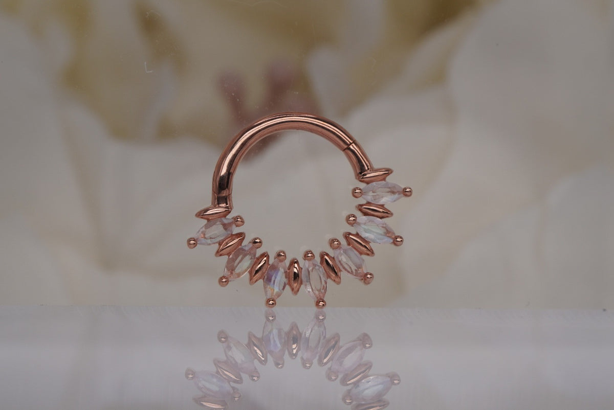 Buddha Jewelry 14k gold "Purpose" clicker in 16g 5/16" with Rainbow Moonstones in rose gold septum daith piercing