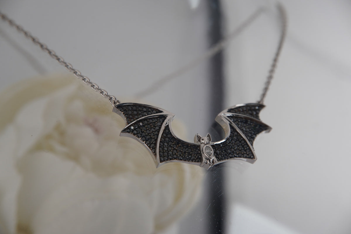Sid the Bat Necklace with Genuine Black and White Diamonds White Gold