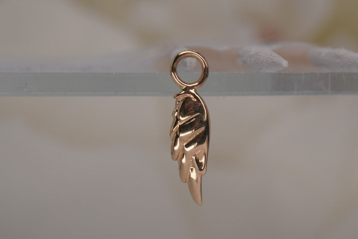 Forward Facing Norvoch 14k Angel Wing Charm in Yellow gold piercing chain, front view