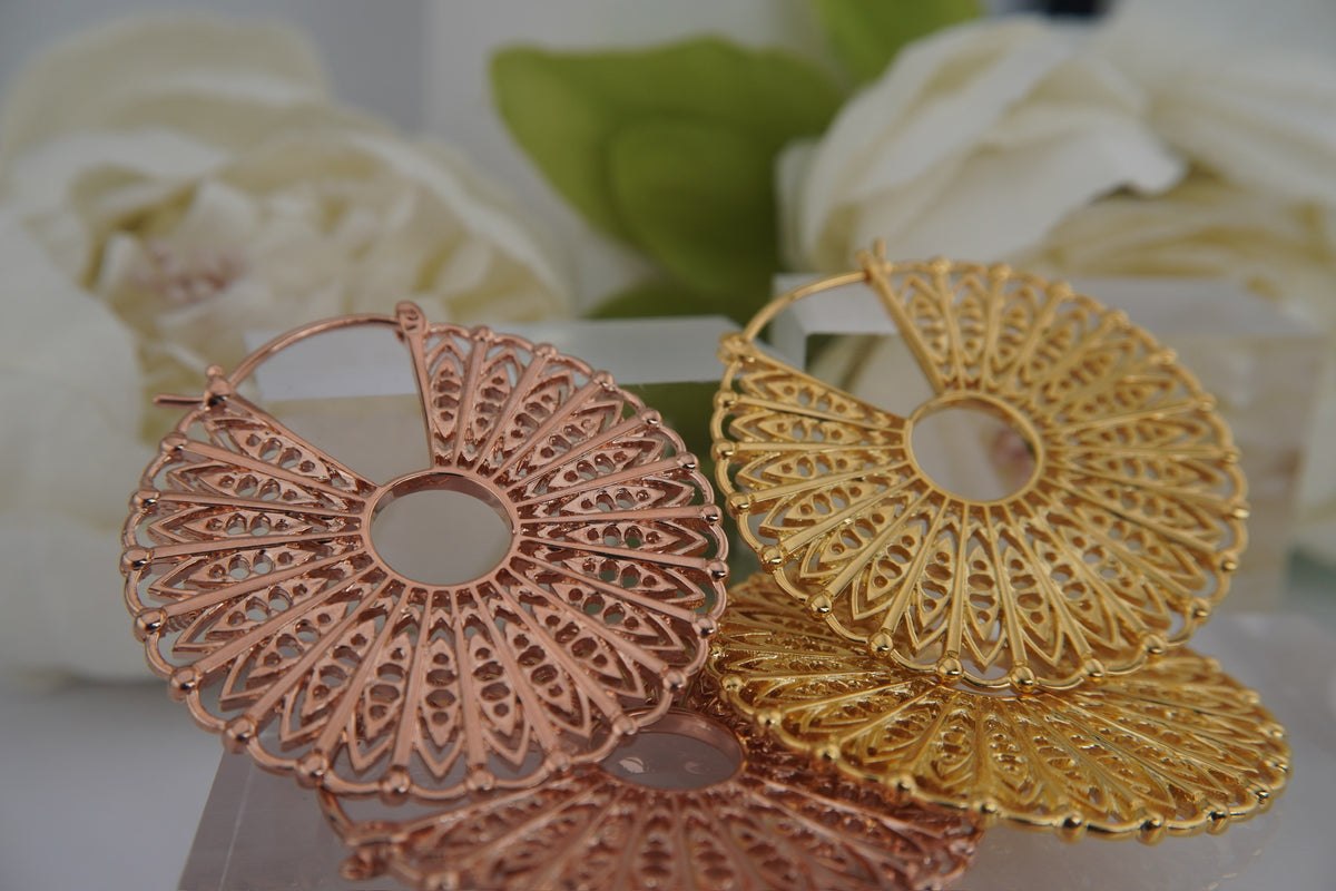 Maya Jewelry 14k"Cloak"  hand forged pair of yellow gold and rose gold plated earrings side view