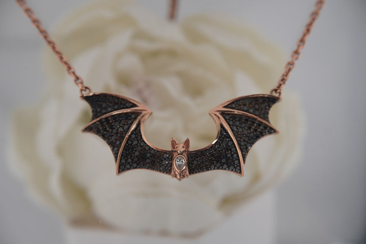 Sid the Bat Necklace with Genuine Black and White Diamonds Rose Gold to Show Detail