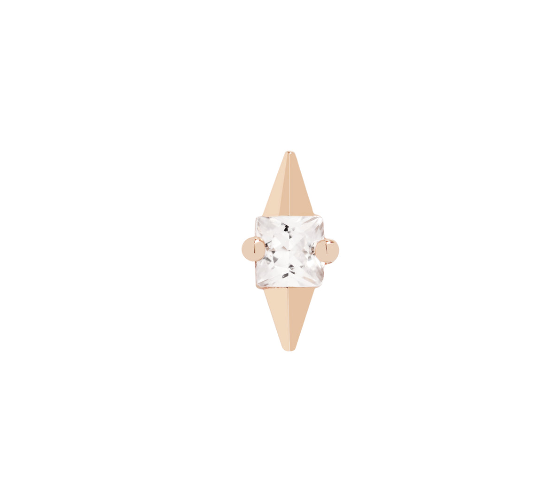 Stock image of Buddha Jewelry’s “Elemental” in 14k rose gold, showing its central square-cut crystal and opposing polished points.