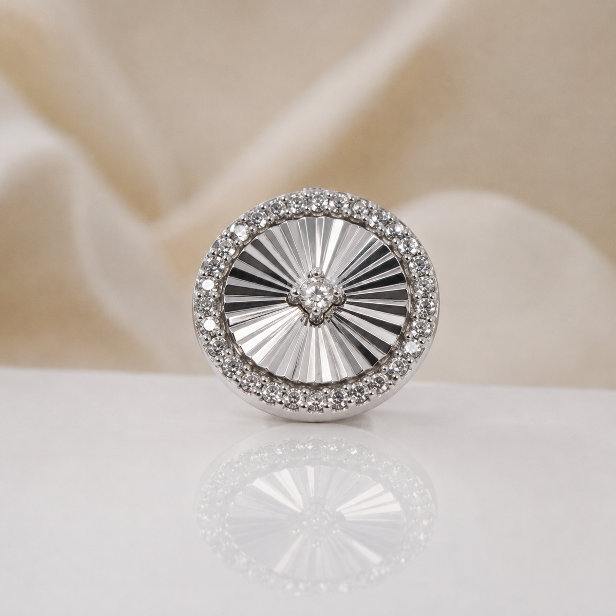 Front view of the 14k white gold Ascend threadless end with a genuine diamond halo.