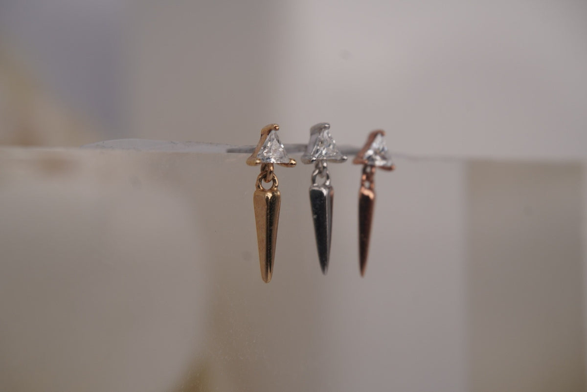 Buddha Jewelry Organics 14k 3.5x10mm "Saint" dangle with Crystals THREADLESS in yellow white and rose gold angled view