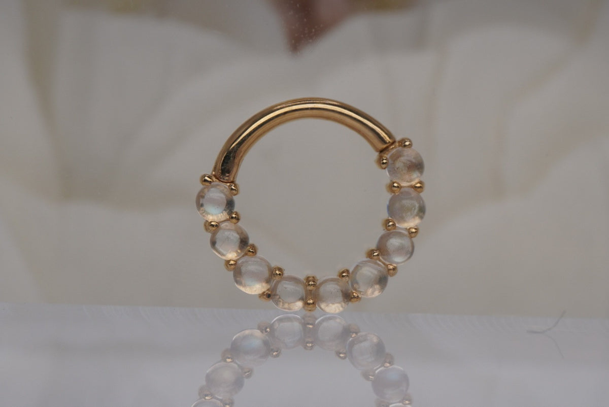 Buddha Jewelry 14k gold "Revel" clicker in 16g 5/16" with Rainbow Moonstones in yellow gold