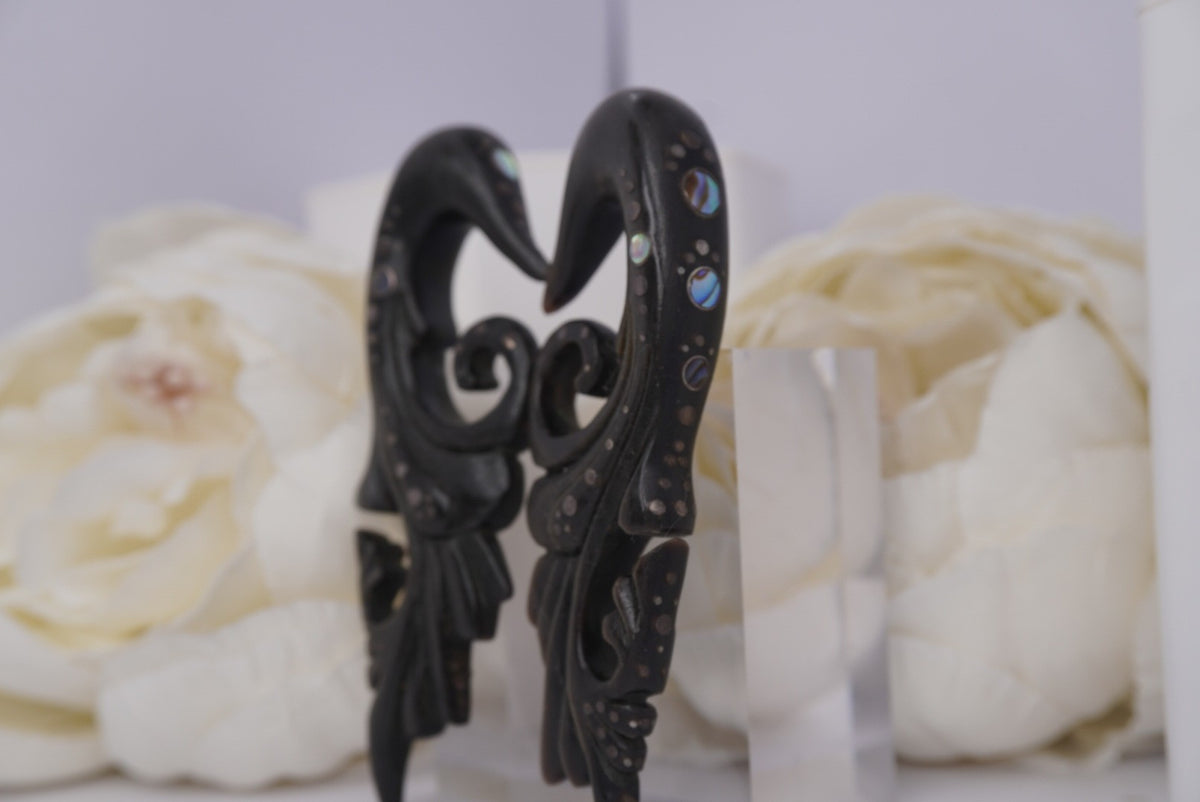 Photo of Blackened Wood Hangers with Abalone- 1/2" to show detail on the outer side