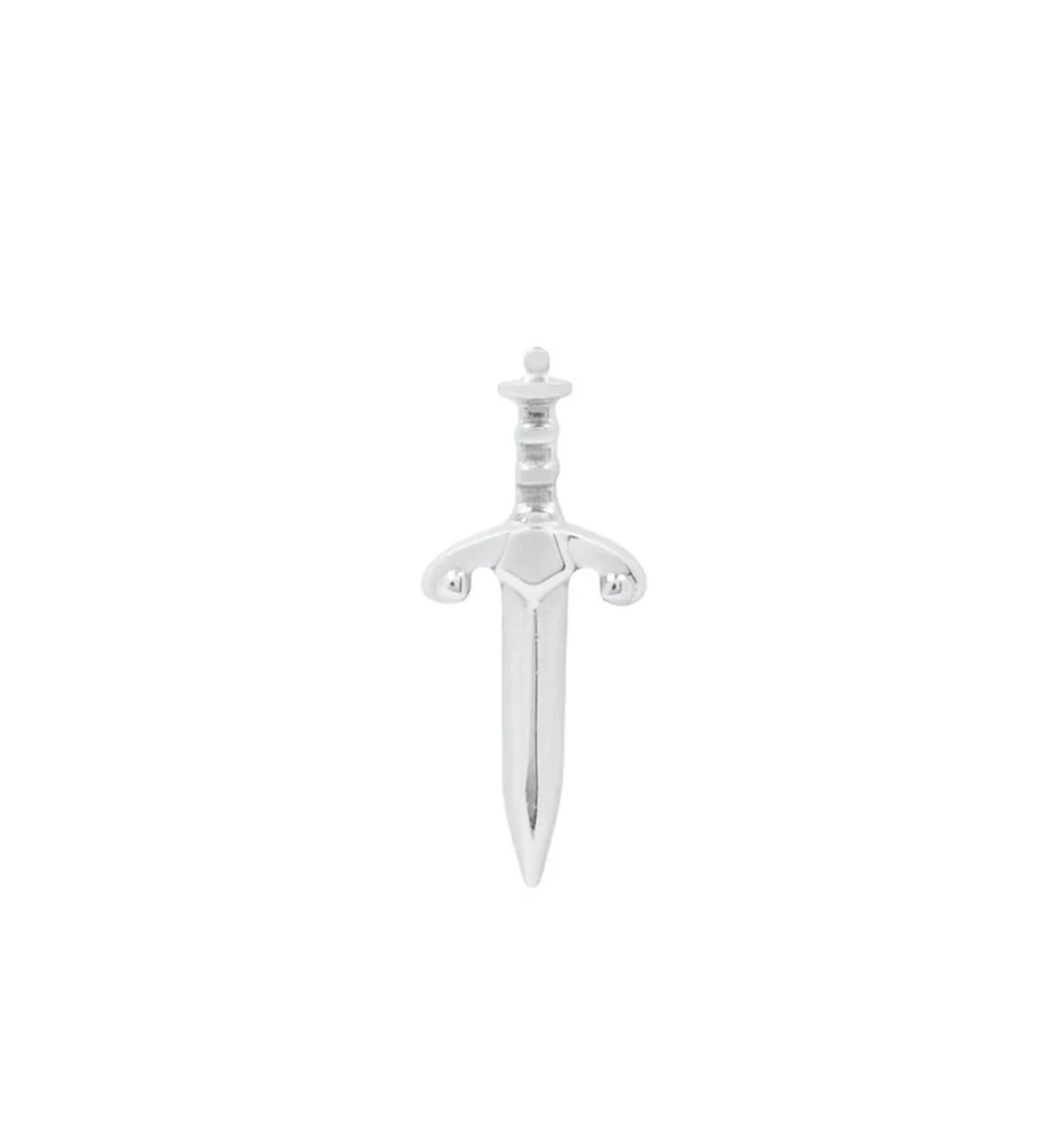 Stock image of Buddha Jewelry’s “Blade” in 14k white gold, showing its elongated sword silhouette and sculptural details.