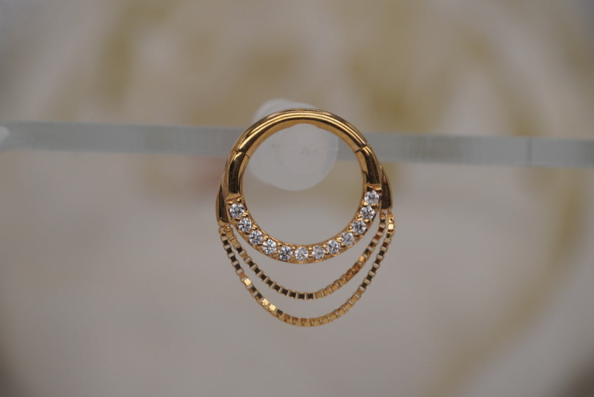 Buddha Jewelry Organics 14k GOLD 16g 5/16" "Tempeste" Clicker with crystals with a double box chain daith septum piercing