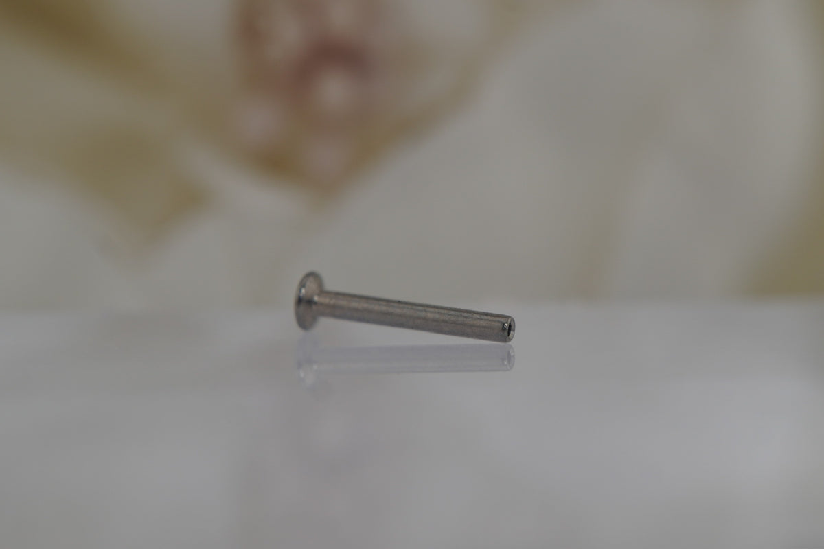 18g 2.5mm Threadless DISC Backing implant grade titanium compatible with ALL Threadless tops piercing angled view