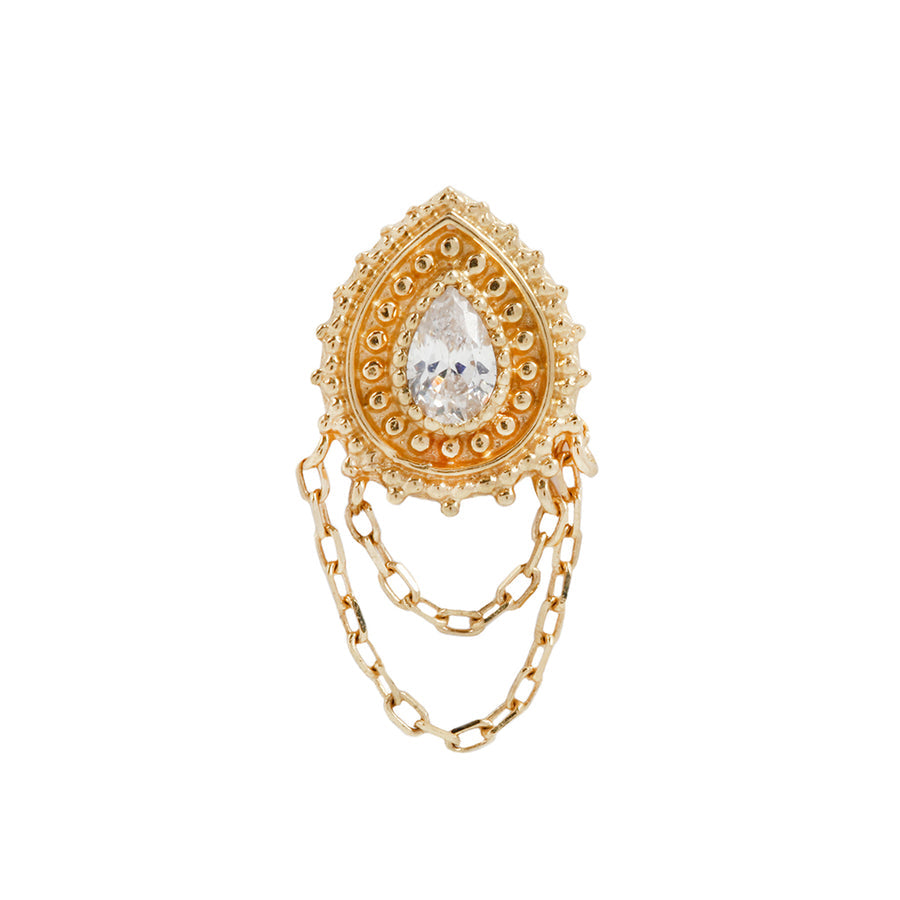 Stock image of Buddha Jewelry’s “Deity” in 14k yellow gold, showing its luminous crystal, intricate teardrop-inspired goldwork, and chain drapes.