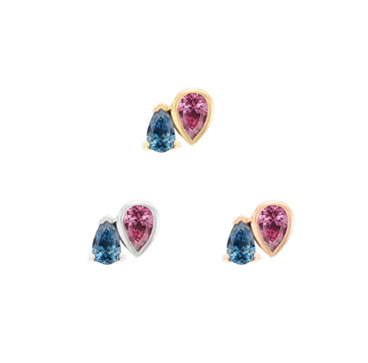 Stock image of Buddha Jewelry’s “Era” in 14k yellow, white, and rose gold, featuring paired pear-cut pink tourmaline and London Blue Topaz stones.