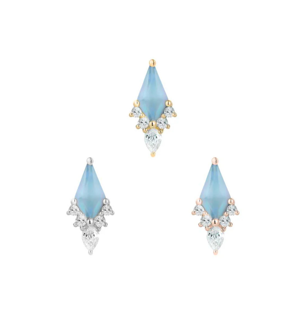 Stock image of Afterglow in yellow, white, and rose gold with sandblasted Swiss blue topaz.