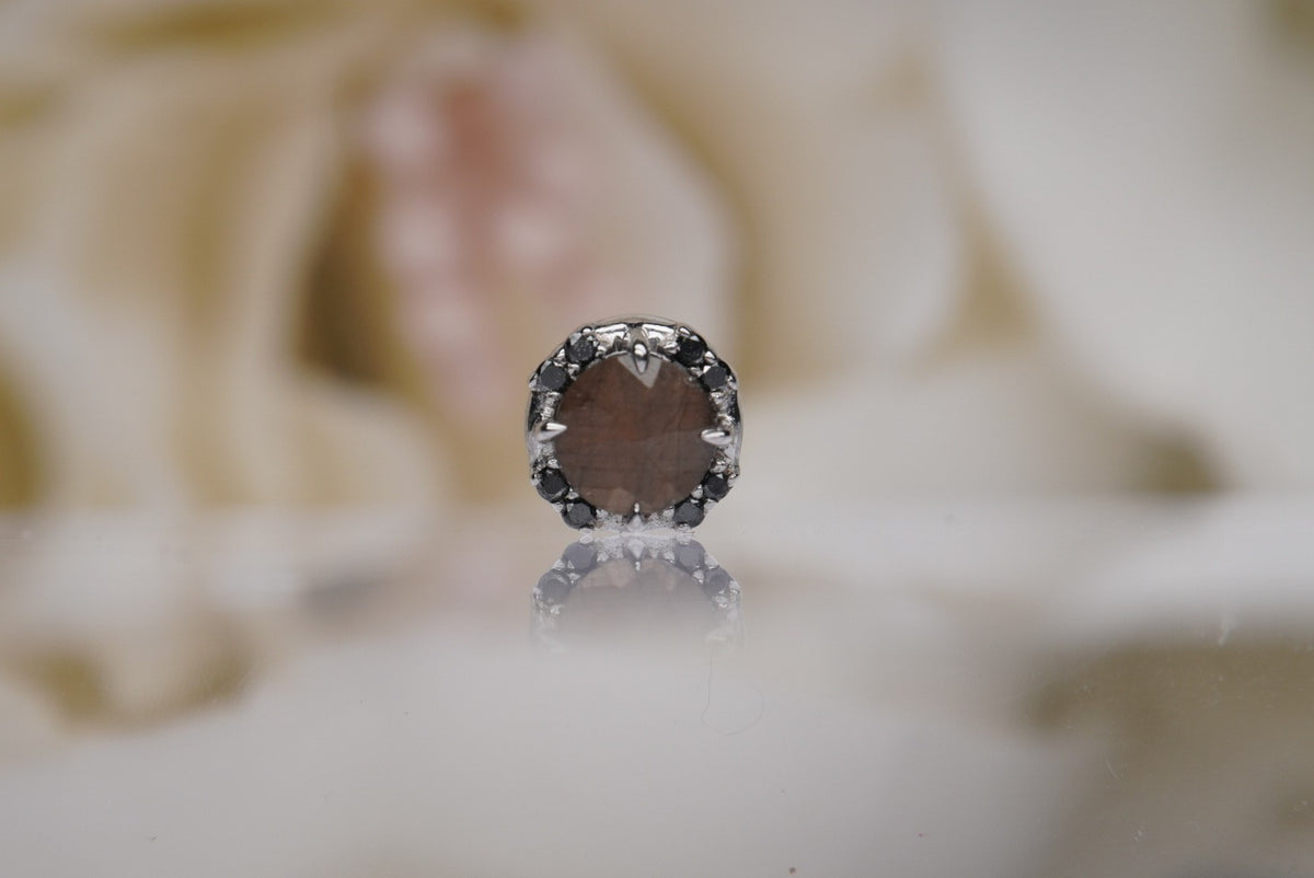 The Galaxia is a stunning prong setting with a custom rose-cut Zawadi Sapphire surrounded by eight 0.8mm genuine black diamonds threadless Yellow gold white gold rose gold
