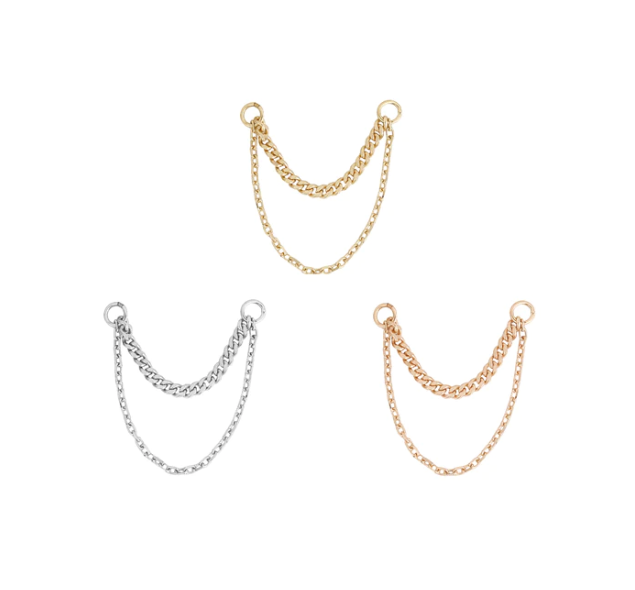 Stock image of Buddha Jewelry’s “Diamond Cut + Side Chain” in 14k yellow, white, and rose gold, featuring textured dual chains.