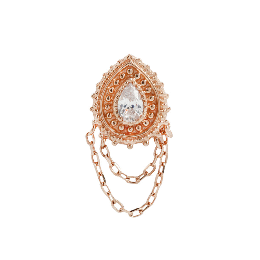 1. Stock image of Buddha Jewelry’s “Deity” in 14k rose gold, showing its luminous crystal, intricate teardrop-inspired goldwork, and chain drapes.